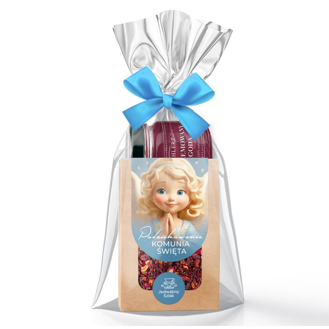 PODZIĘKOWANIE dla gości na KOMUNIĘ mini prezent HERBATA liściasta konfitura