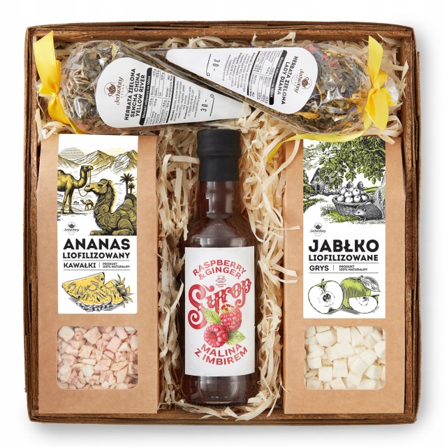 Zestaw prezentowy OWOCE LIOFILIZOWANE jabłko ananas HERBATY syrop