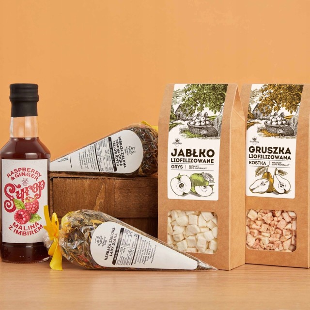 Zestaw prezentowy OWOCE LIOFILIZOWANE jabłko ananas HERBATY syrop