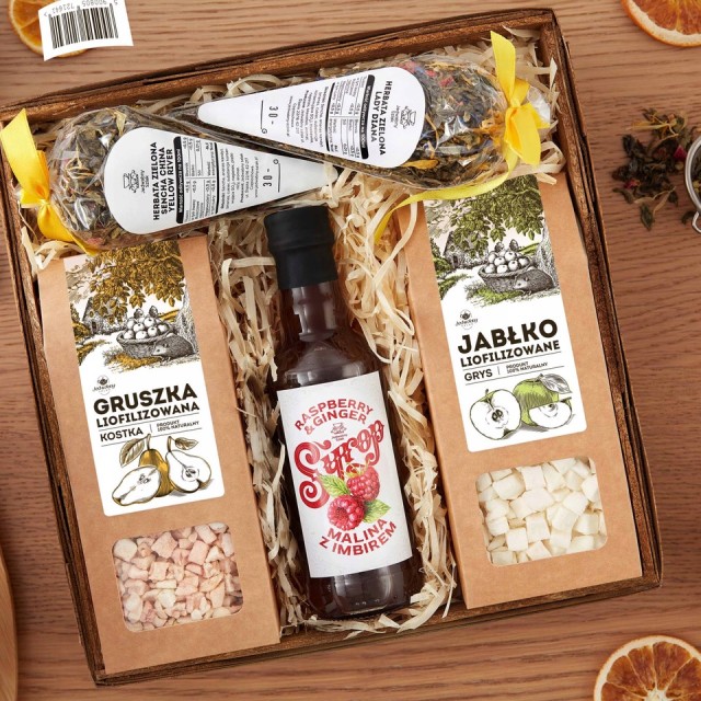 Zestaw prezentowy OWOCE LIOFILIZOWANE jabłko ananas HERBATY syrop