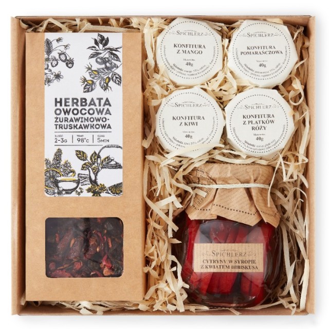 KOSZ PREZENTOWY konfitury do herbaty CYTRYNY z HIBISKUSEM herbata owocowa