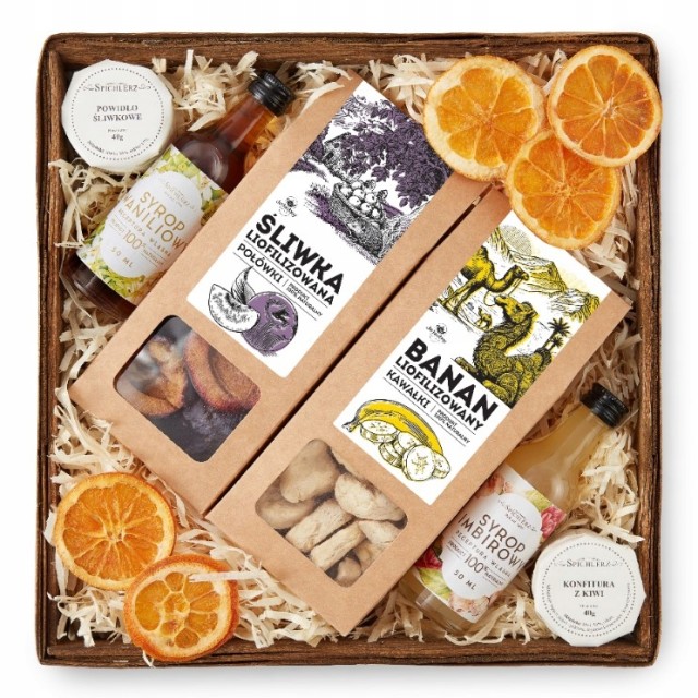 Zestaw z ŚLIWKĄ i BANANEM syropy KOSZ PREZENTOWY konfitury BOX na prezent