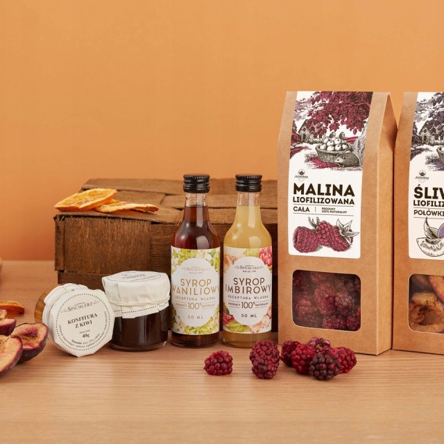 Zestaw z ŚLIWKĄ i BANANEM syropy KOSZ PREZENTOWY konfitury BOX na prezent