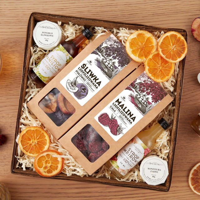 Zestaw z ŚLIWKĄ i BANANEM syropy KOSZ PREZENTOWY konfitury BOX na prezent