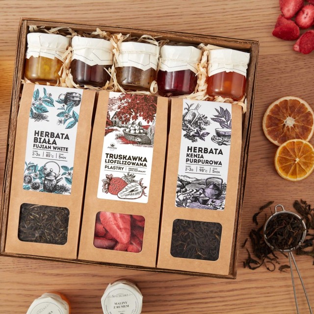 Zestaw prezentowy HERBATA LIOFILIZOWANE owoce mix 5x konfitur MEGA box