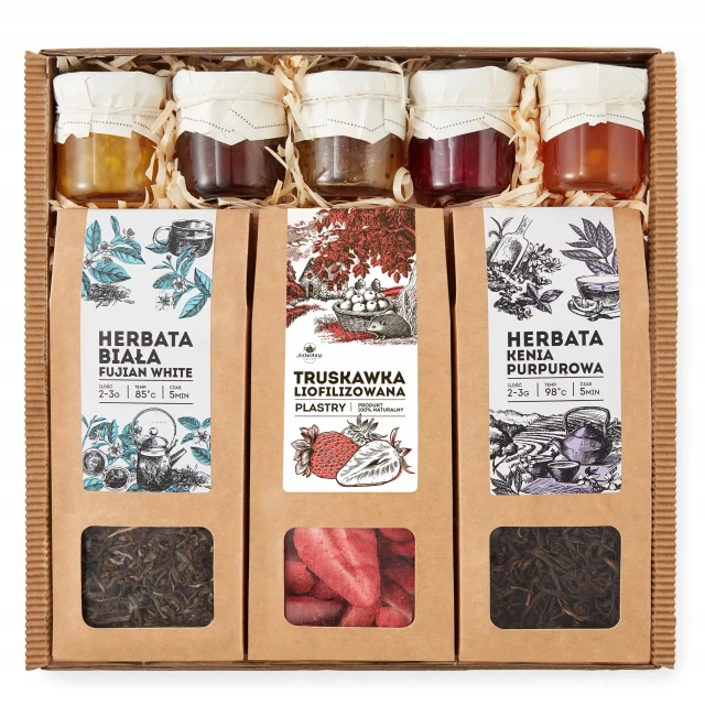 Zestaw prezentowy HERBATA LIOFILIZOWANE owoce mix 5x konfitur MEGA box