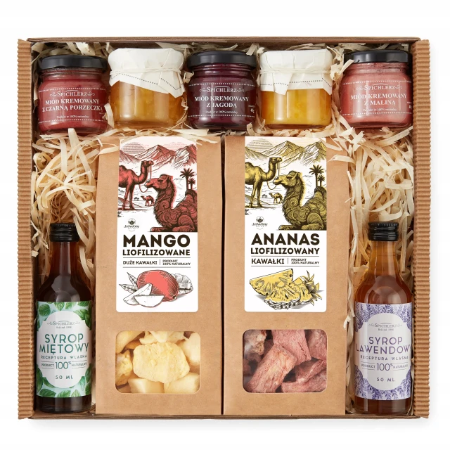 Elegancki ZESTAW PREZENTOWY ananas mango syrop lawendowy MIODY konfitu
