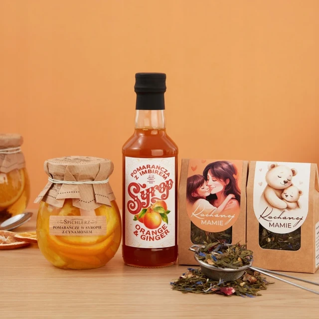 Prezent na DZIEŃ MATKI zestaw do herbaty SYROP pomarańcza w syropie HERBATA