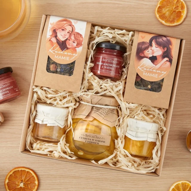 BOX dla mamy MIÓD konfitura elegancki zestaw z herbatą prezent na URODZINY