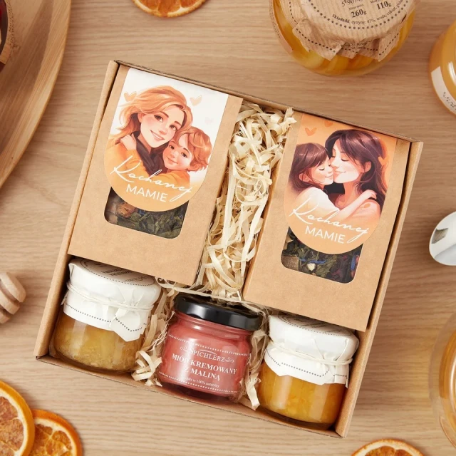 MINI-BOX dla mamy HERBATKA miód konfitury PREZENT na dzień mamy na urodziny