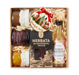 Box świąteczny - piernik, miód kremowany, syrop, konfitura, herbata