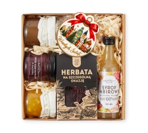 Box świąteczny - piernik, miód kremowany, syrop, konfitura, herbata