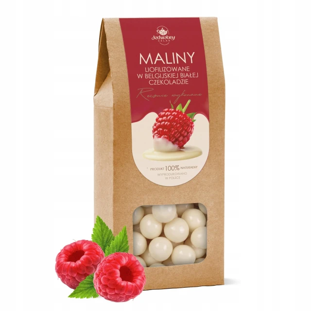 MALINY liofilizowane W BELGIJSKIEJ białej CZEKOLADZIE 150 g
