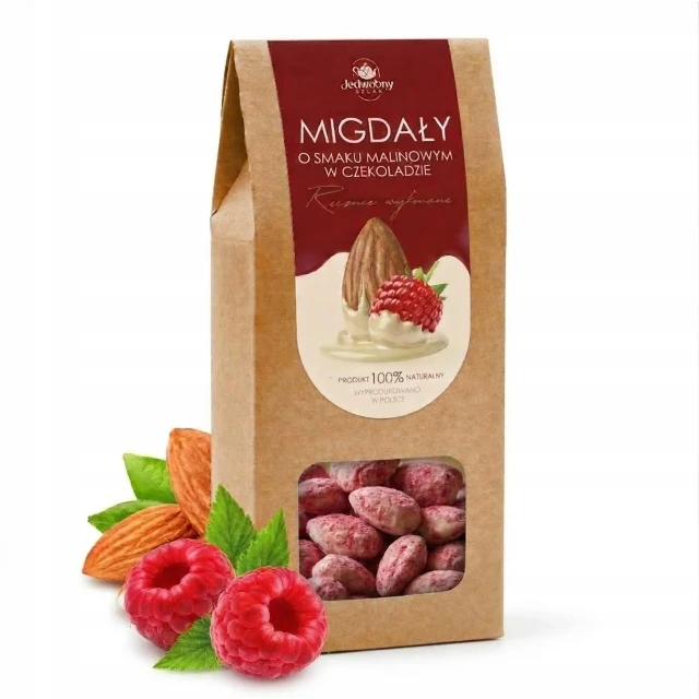 Migdały w BIAŁEJ czekoladzie z MALINĄ luksusowa przekąska  200g