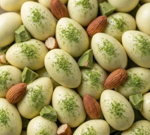 Migdały w białej czekoladzie z zieloną herbatą Matcha 200g – Edycja Świąteczna