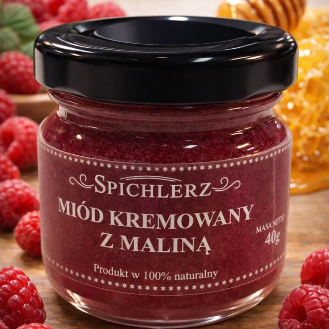 Miód kremowany z maliną 40 g – naturalny miód owocowy o malinowym smaku