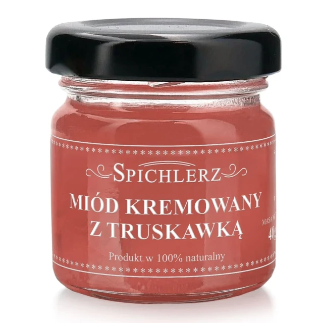 Miód kremowany z truskawką 40 g – naturalny miód owocowy o truskawkowym smaku