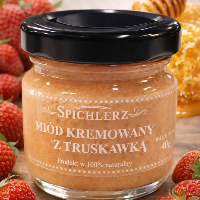 Miód kremowany z truskawką 40 g – naturalny miód owocowy o truskawkowym smaku