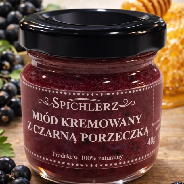Miód kremowany z czarną porzeczką 40 g – naturalny miód owocowy o porzeczkowym smaku