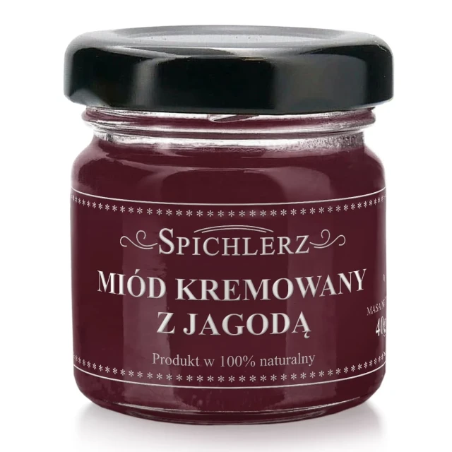Miód kremowany z jagodą 40 g – naturalny miód owocowy o jagodowym smaku