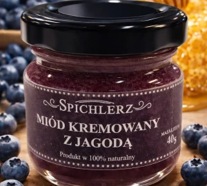 Miód kremowany z jagodą 40 g – naturalny miód owocowy o jagodowym smaku