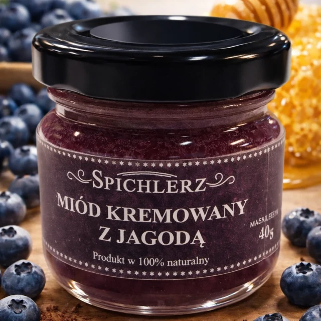 Miód kremowany z jagodą 40 g – naturalny miód owocowy o jagodowym smaku