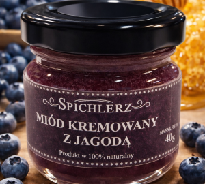 Miód kremowany z jagodą 40 g – naturalny miód owocowy o jagodowym smaku