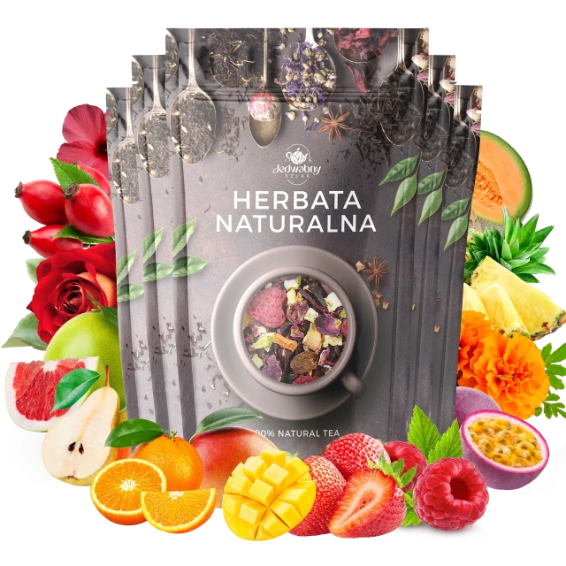 Zestaw herbat OWOCOWYCH 5 szt: Pieczona Gruszka - Malinowe Mojito - Mango Tango - Nespodzianka - Purpurowe Wyspy