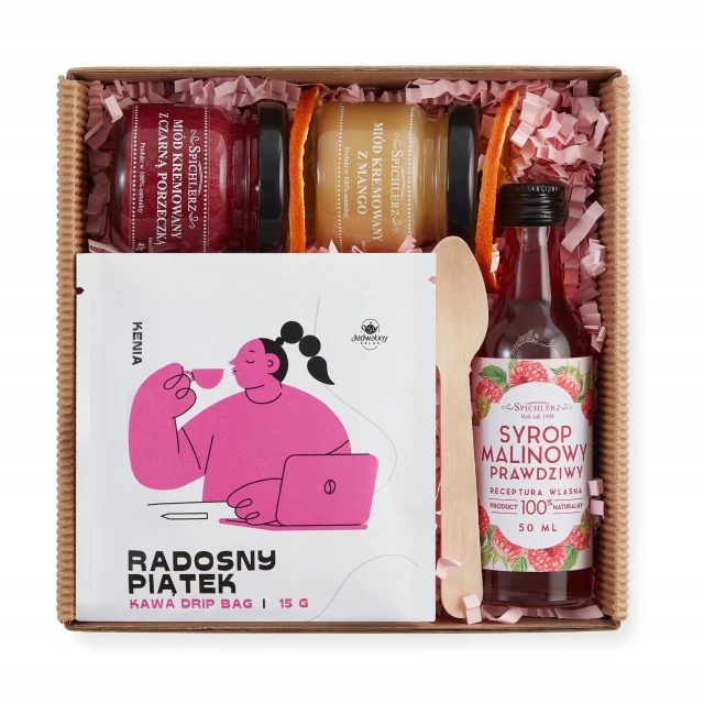 Mini-box prezentowy kawa DRIP BAG syrop malinowy MIODY