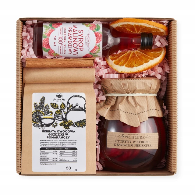 MINI-BOX prezentowy różowy HERBATA OWOCOWA cytryny syrop