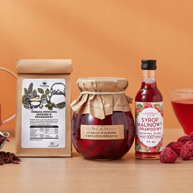 MINI-BOX prezentowy różowy HERBATA OWOCOWA cytryny syrop
