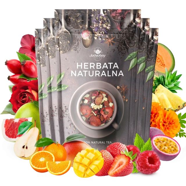 Zestaw herbat OWOCOWYCH 5 szt: Pieczona Gruszka - Malinowo Poziomkowa - Mango Tango - Nespodzianka - Purpurowe Wyspy