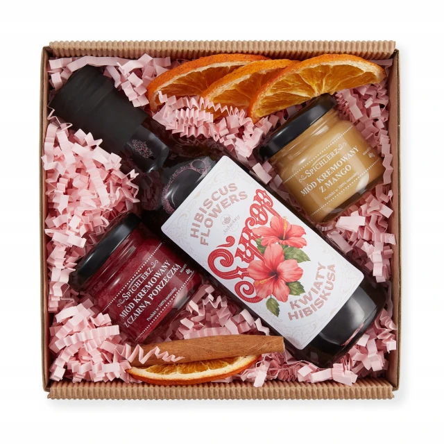ZESTAW DO KAWY syrop HIBISKUS lekko kwaśny MIODY smakowe