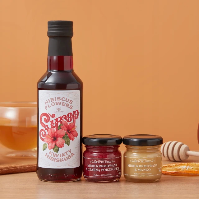 ZESTAW DO KAWY syrop HIBISKUS lekko kwaśny MIODY smakowe