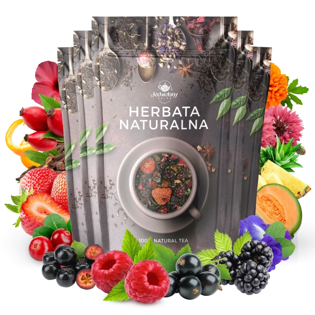 Zestaw herbat OWOCOWYCH 5 szt: Goździki w pomarańczy - Truskawkowa Margarita - Leśny Dzban - Malinowo Poziomkowa - Purpurowe Wyspy