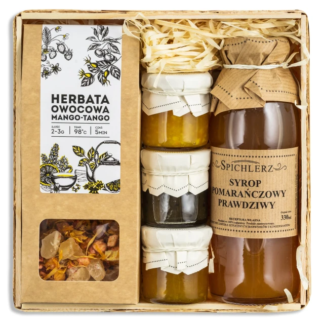 Kosz upominkowy ZESTAW syrop herbata