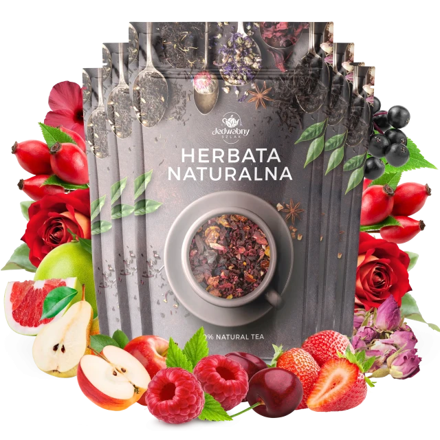 Zestaw herbat OWOCOWYCH 5 szt: Pieczona Gruszka - Malinowo Poziomkowa - Niespodzianka - Żurawinowo Truskawkowa - Red Whisky