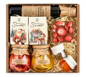 Prezent na święta - herbaty, syrop, czekolada, konfitury, cytryny w syropie 