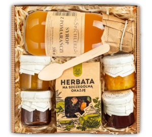 Karbowany kosz prezentowy syrop herbata mini konfitury
