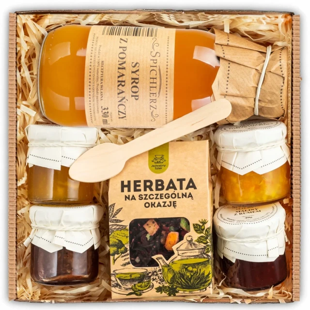 Karbowany kosz prezentowy syrop herbata mini konfitury