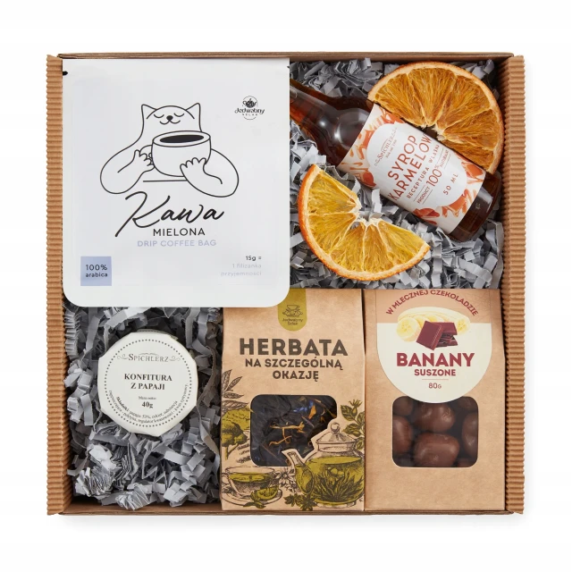 BOX PREZENTOWY kawa DRIP BAG herbata słodycz syrop dżem