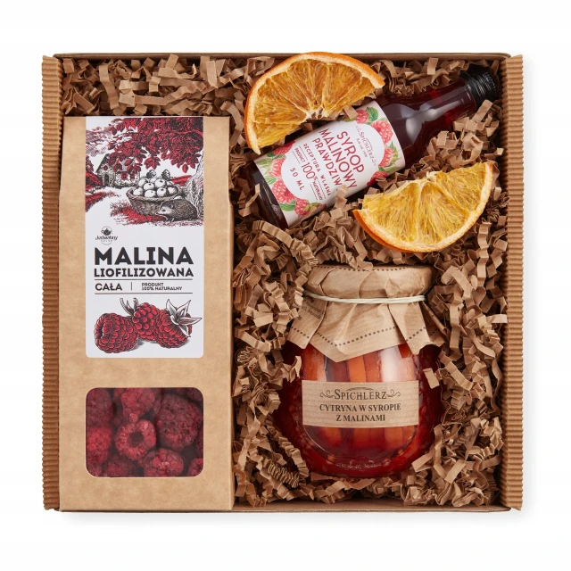 Zestaw prezentowy BOX MALINOWY syrop cytryna z malinami kartonik