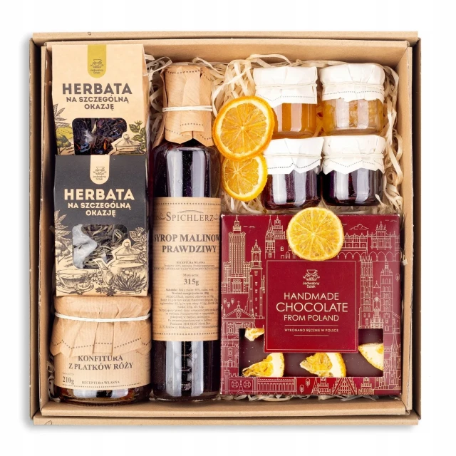 Elegancki ZESTAW kosz prezentowy CZEKOLADA herbata prezent na URODZINY box