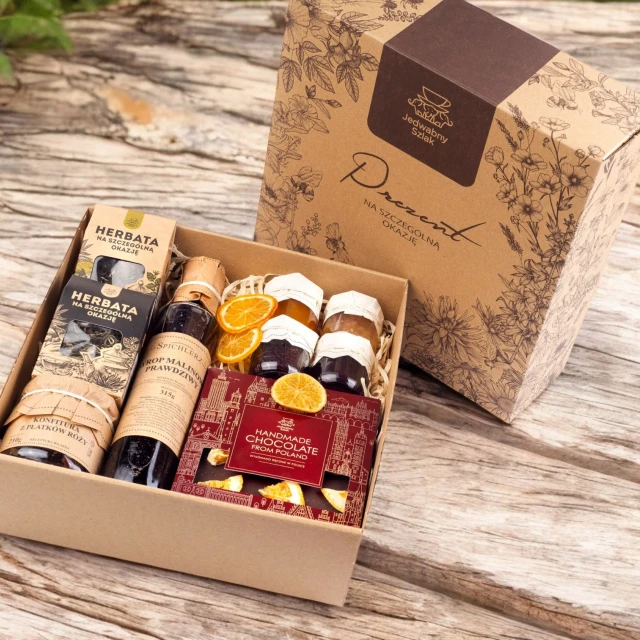 Elegancki ZESTAW kosz prezentowy CZEKOLADA herbata prezent na URODZINY box