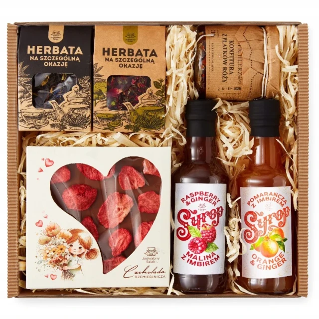 Kosz na prezent czekolada syrop herbata konfitura