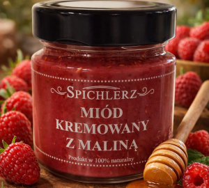 Miód kremowany z maliną 250 g – naturalny miód owocowy o malinowym smaku