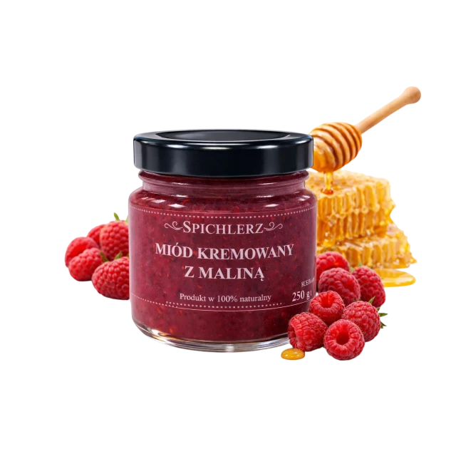 Miód kremowany z maliną 250 g – naturalny miód owocowy o malinowym smaku