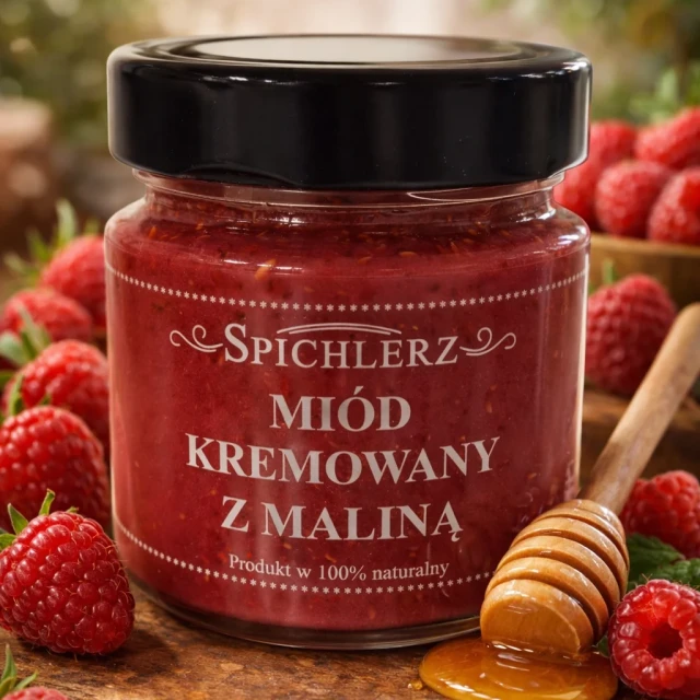 Miód kremowany z maliną 250 g – naturalny miód owocowy o malinowym smaku