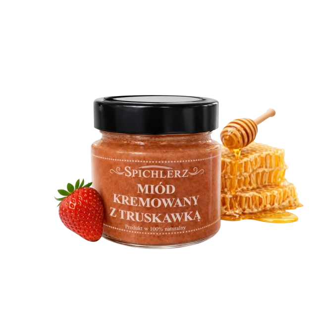 Miód kremowany z truskawką 250 g – naturalny miód owocowy o truskawkowym smaku