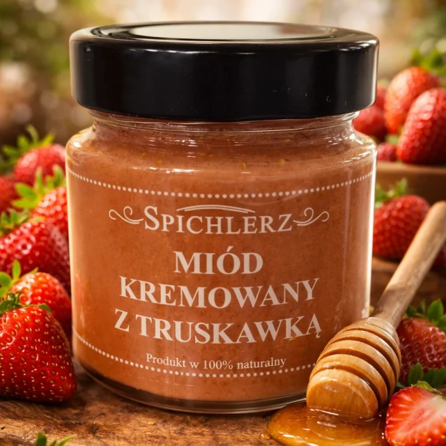 Miód kremowany z truskawką 250 g – naturalny miód owocowy o truskawkowym smaku